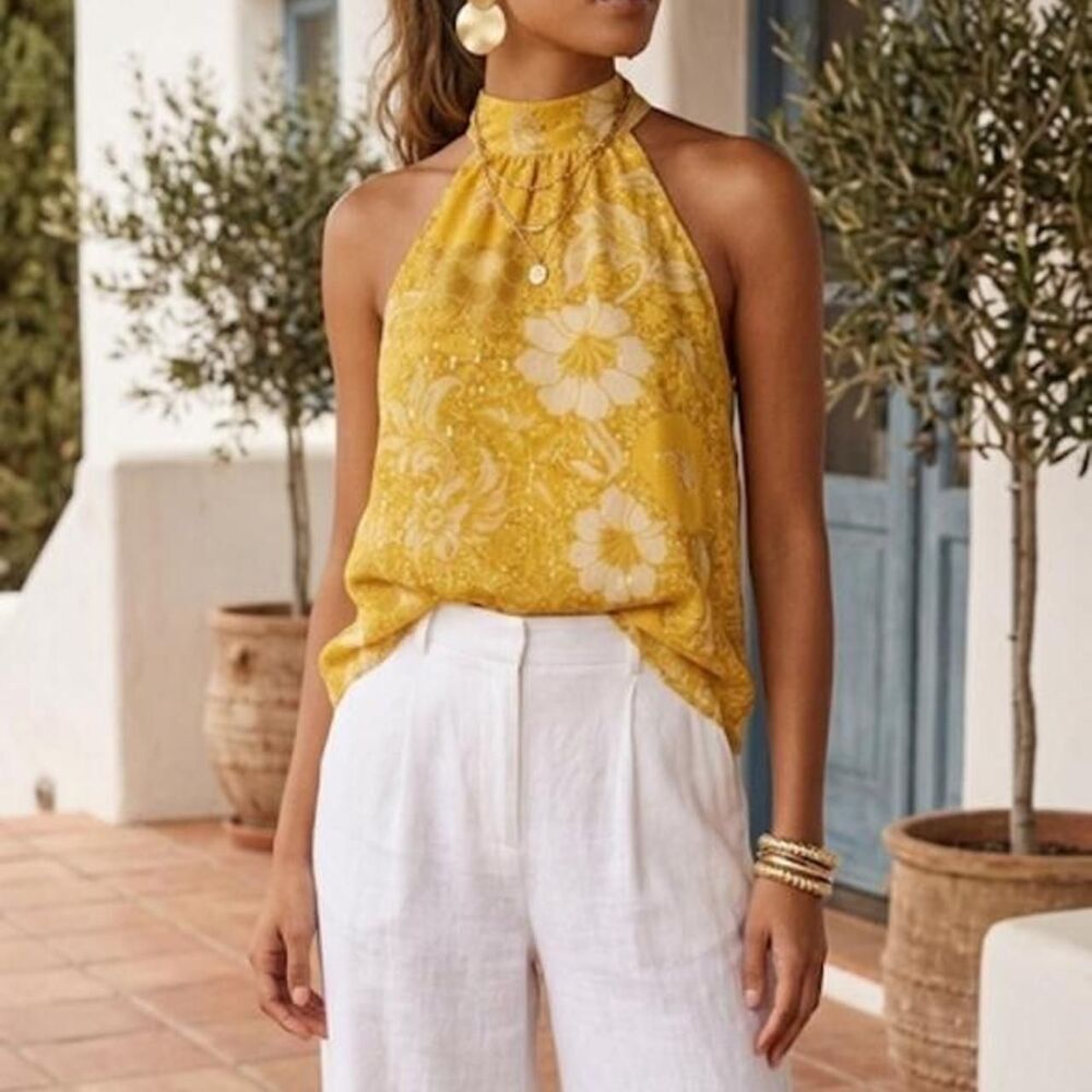 Cupcakes & Cashmere Yellow Business Casual Resort halter neck top floral Medium